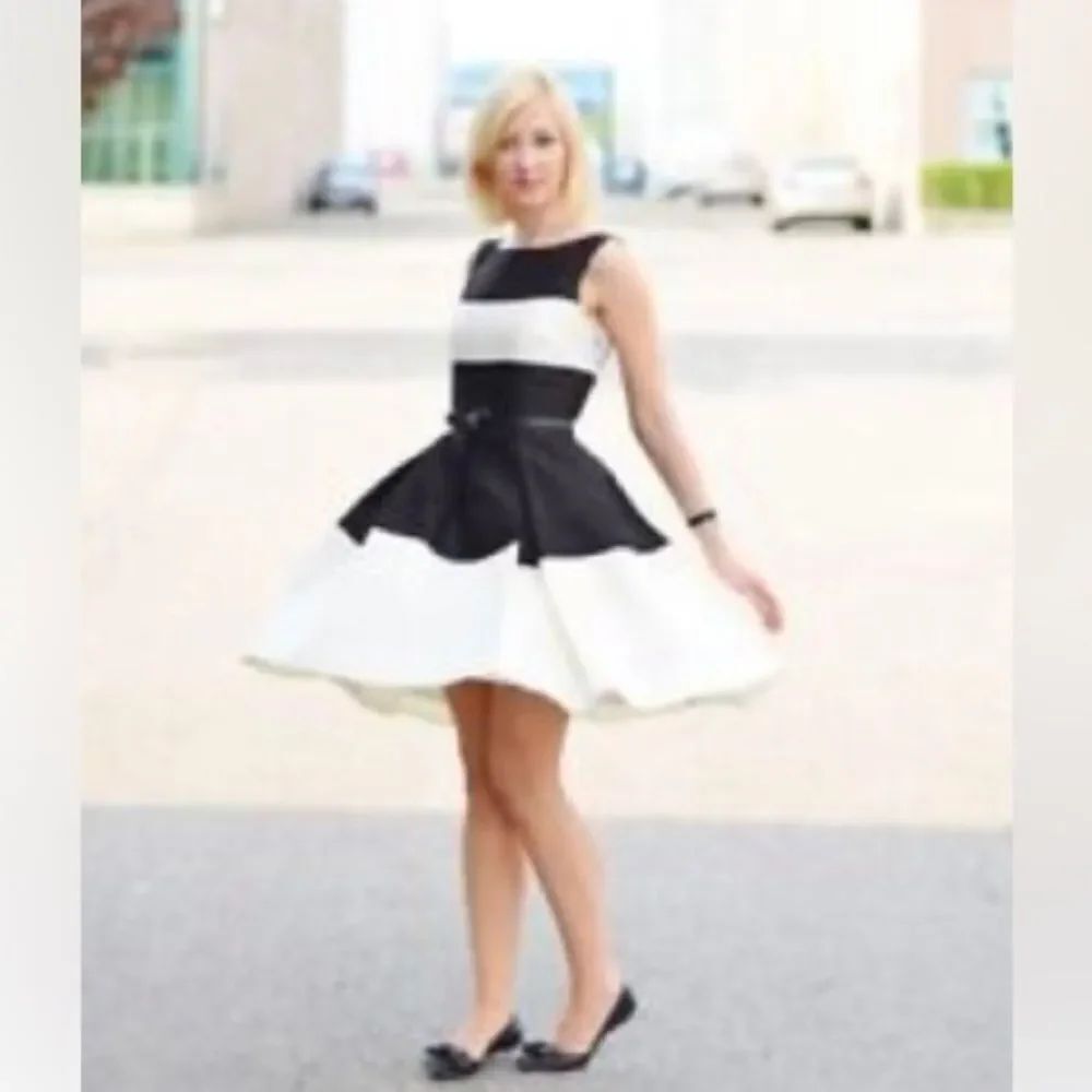 Kate Spade black white color block fit & flare pleat midi cocktail dress 2